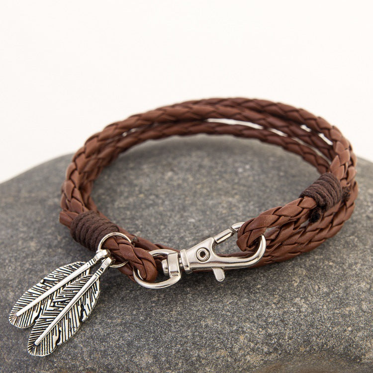 Friendship Leather Feather Charm Bracelet
