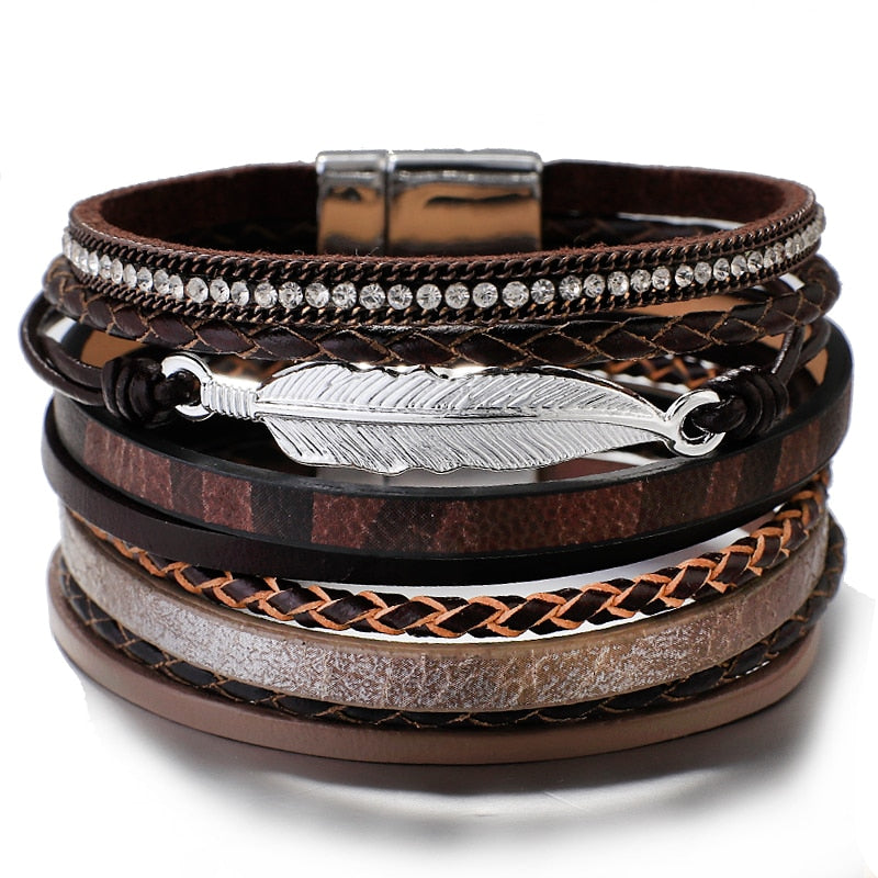 Bohemian Genuine Leather Feather Charm Bracelet