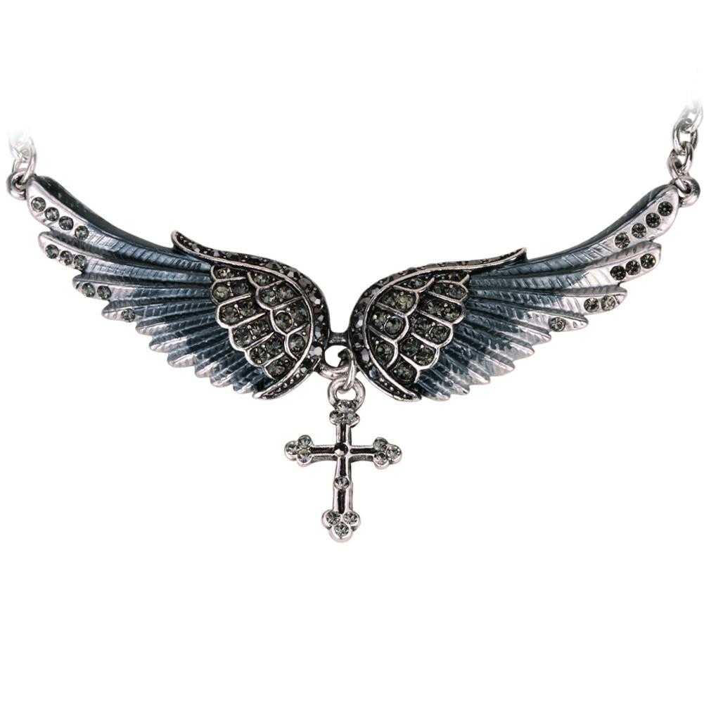 Crystal Angel Wing Cross Necklace-Pendant Necklaces-Kirijewels.com-gray crystal-Kirijewels.com