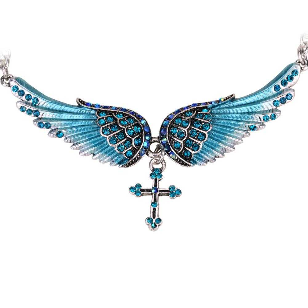 Crystal Angel Wing Cross Necklace-Pendant Necklaces-Kirijewels.com-blue crystal-Kirijewels.com