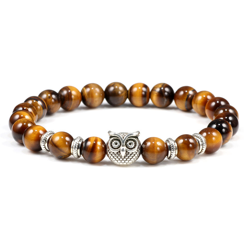 Black Lava Tiger Eye Owl Beaded Bracelet