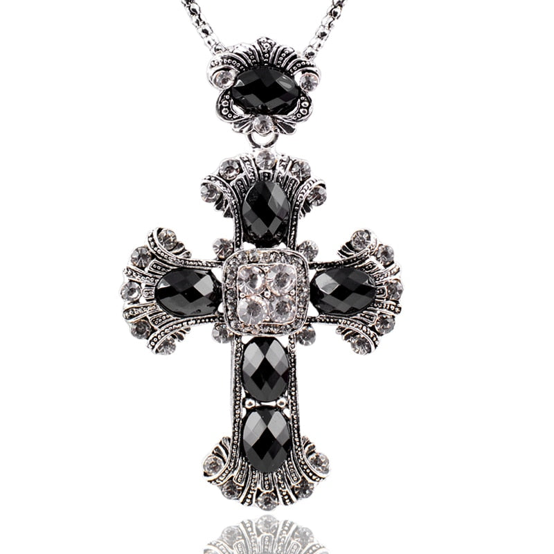 Black Stones Cross Chain Necklace