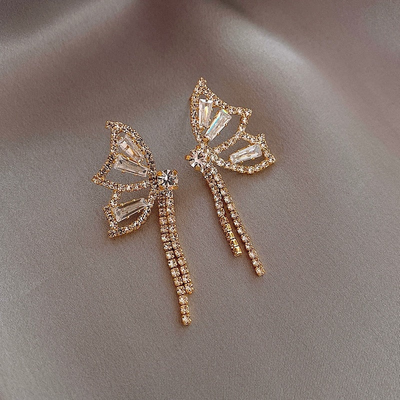 Crystal Bow Tassel Temperament  Butterfly Earrings