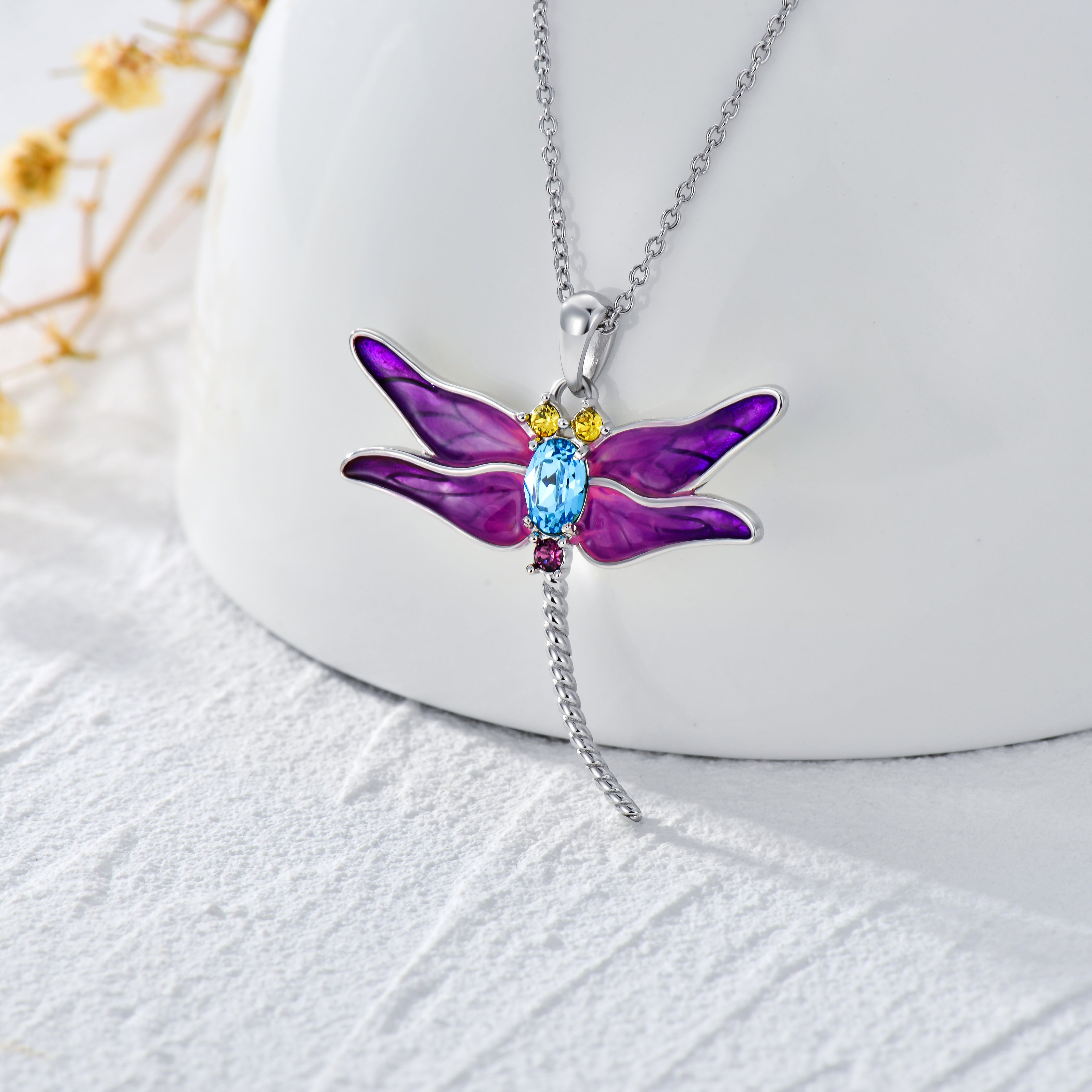 Crystal Stone 925 Sterling Silver Dragonfly Necklace