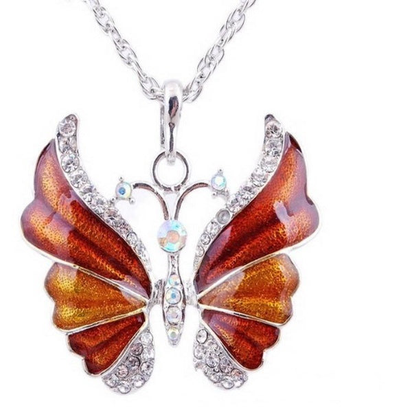 Antique Silver plated Enamel Butterfly Pendant Necklace