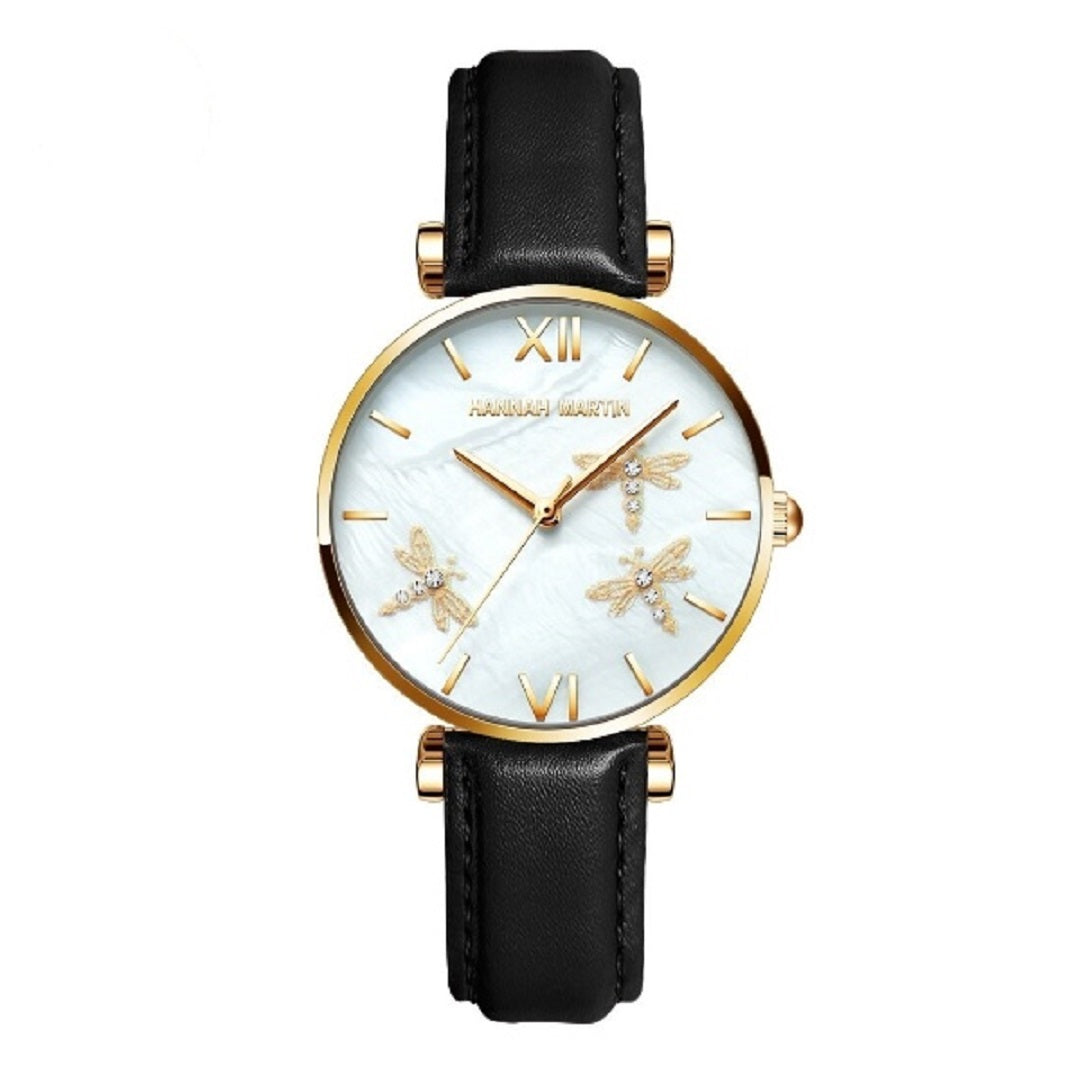 Diamond Stainless Steel Pearl Shell Dragonfly Watch