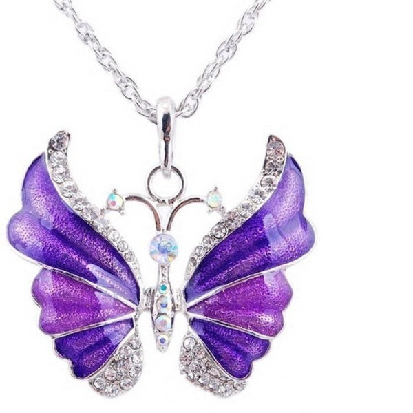 Antique Silver plated Enamel Butterfly Pendant Necklace