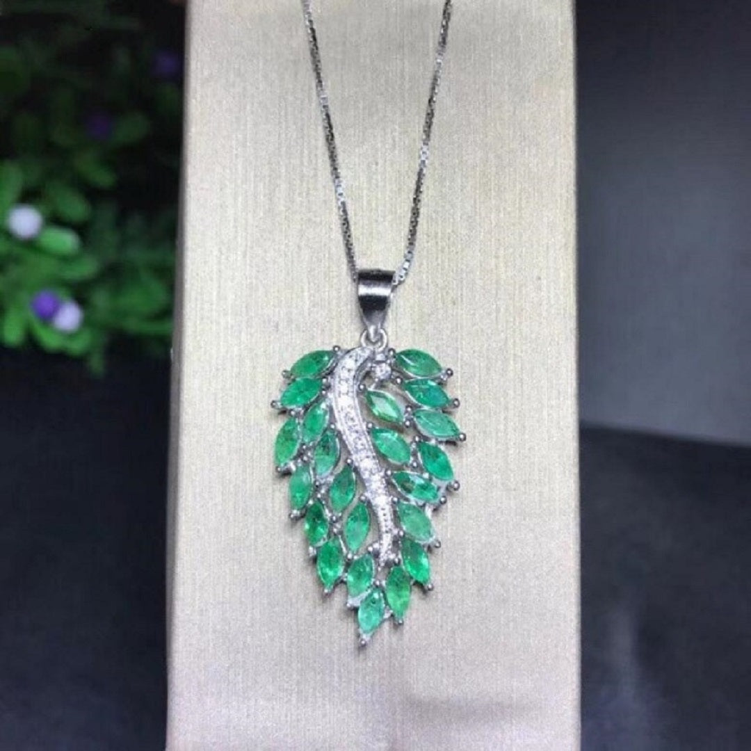Green Emerald Stone 925 Sterling Silver Leaf Necklace