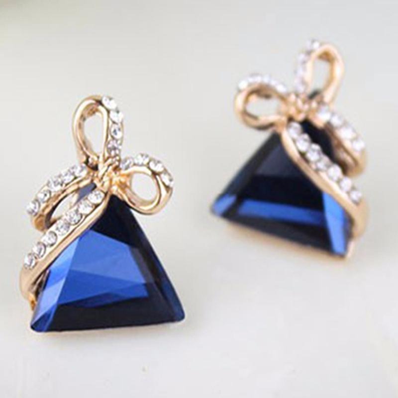 Austrian Crystal Gold Triangle Bow Rhinestone Stud Earrings-Stud Earrings-Kirijewels.com-Red E90 A-Kirijewels.com