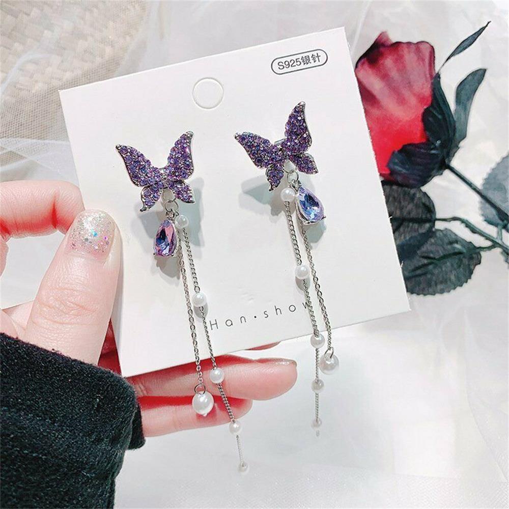 Rhinestone Pearl Butterfly Drop Dangle Earrings