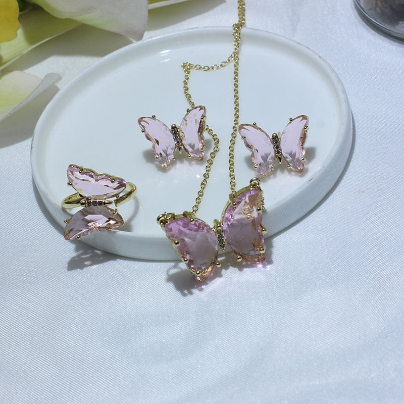 Cubic Zirconia 14K Real Gold Butterfly Jewelry Set