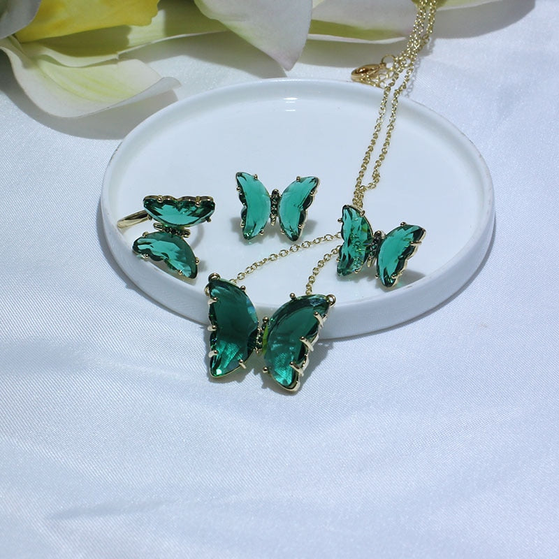 Cubic Zirconia 14K Real Gold Butterfly Jewelry Set