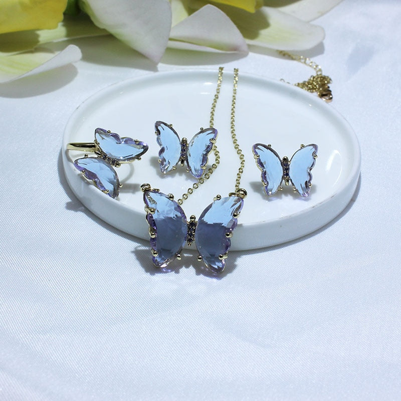 Cubic Zirconia 14K Real Gold Butterfly Jewelry Set