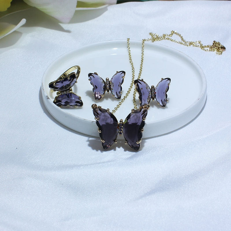 Cubic Zirconia 14K Real Gold Butterfly Jewelry Set