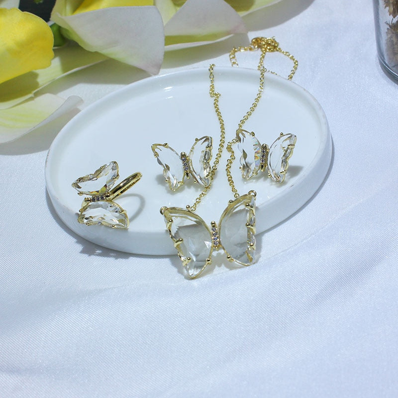 Cubic Zirconia 14K Real Gold Butterfly Jewelry Set