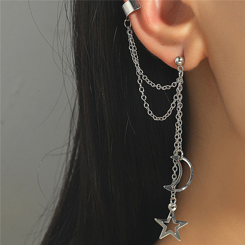 Cartilage Long Tassel Moon Star Clip Earrings