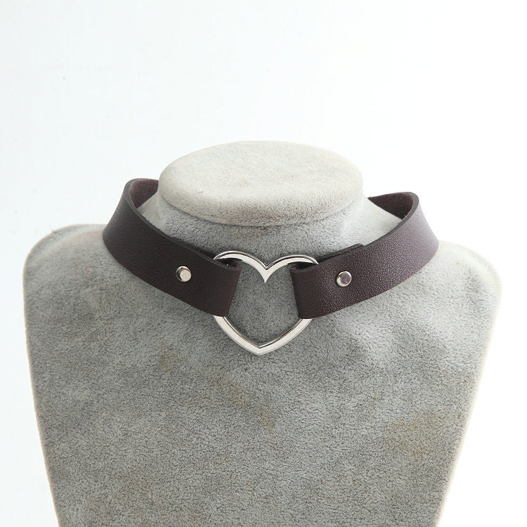 Handmade Leather Heart Collar Choker Necklace-Choker Necklaces-Kirijewels.com-Brown-Kirijewels.com