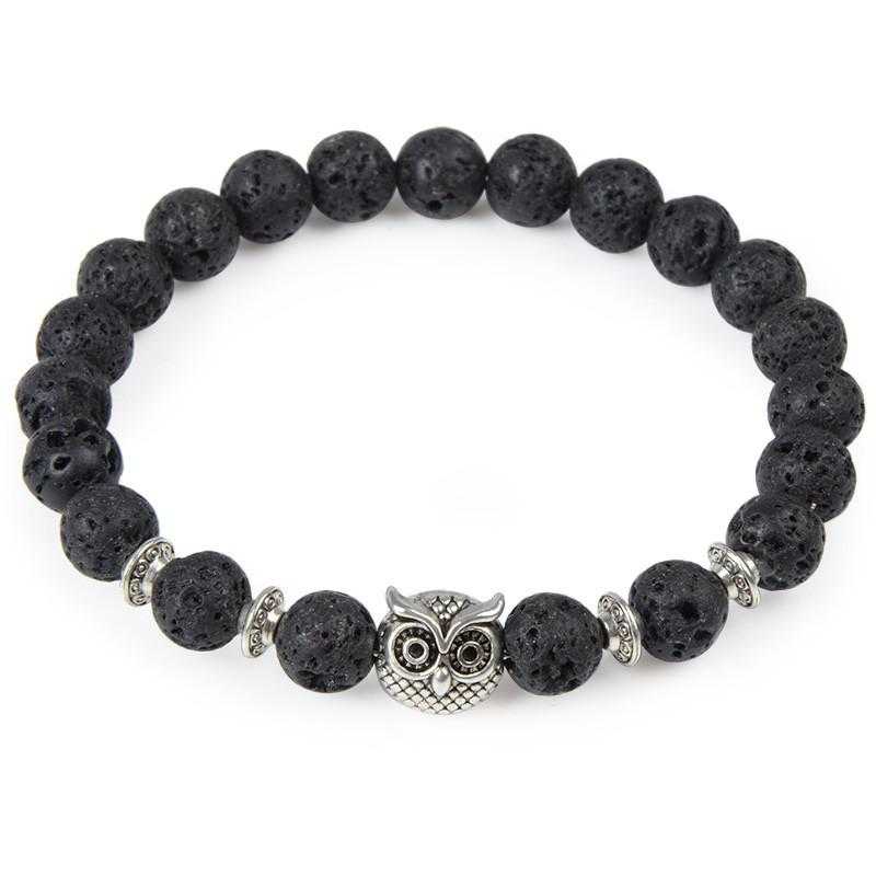 Free Owl Charm Natural Stone Beads Bracelet-Charm Bracelets-Kirijewels.com-owl silver lava-Kirijewels.com