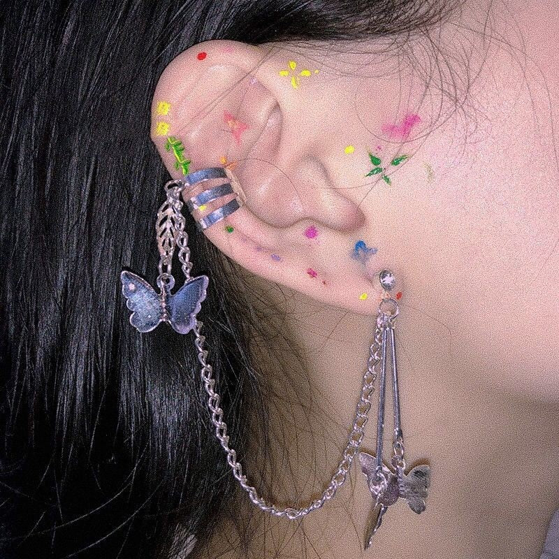 Hanging Retro Chain Butterfly Clip Earrings