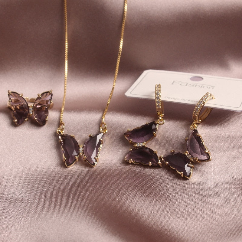 Exquisite Copper Inlaid Zircon Glass Butterfly Set