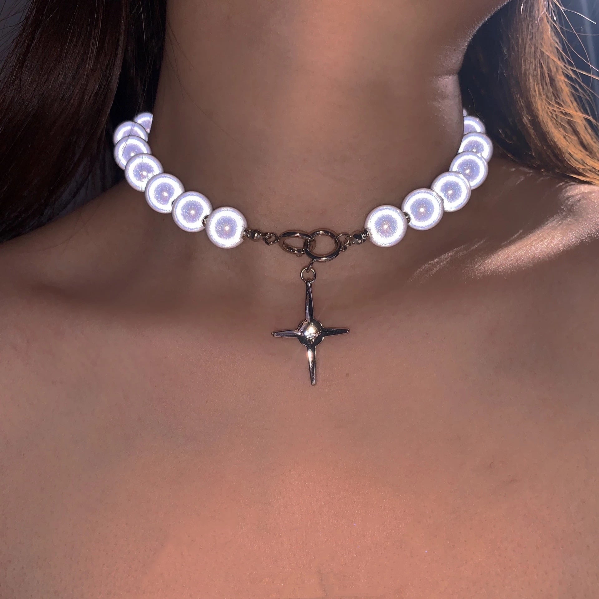 Emma Luminous Beads Pearl Cross Necklace