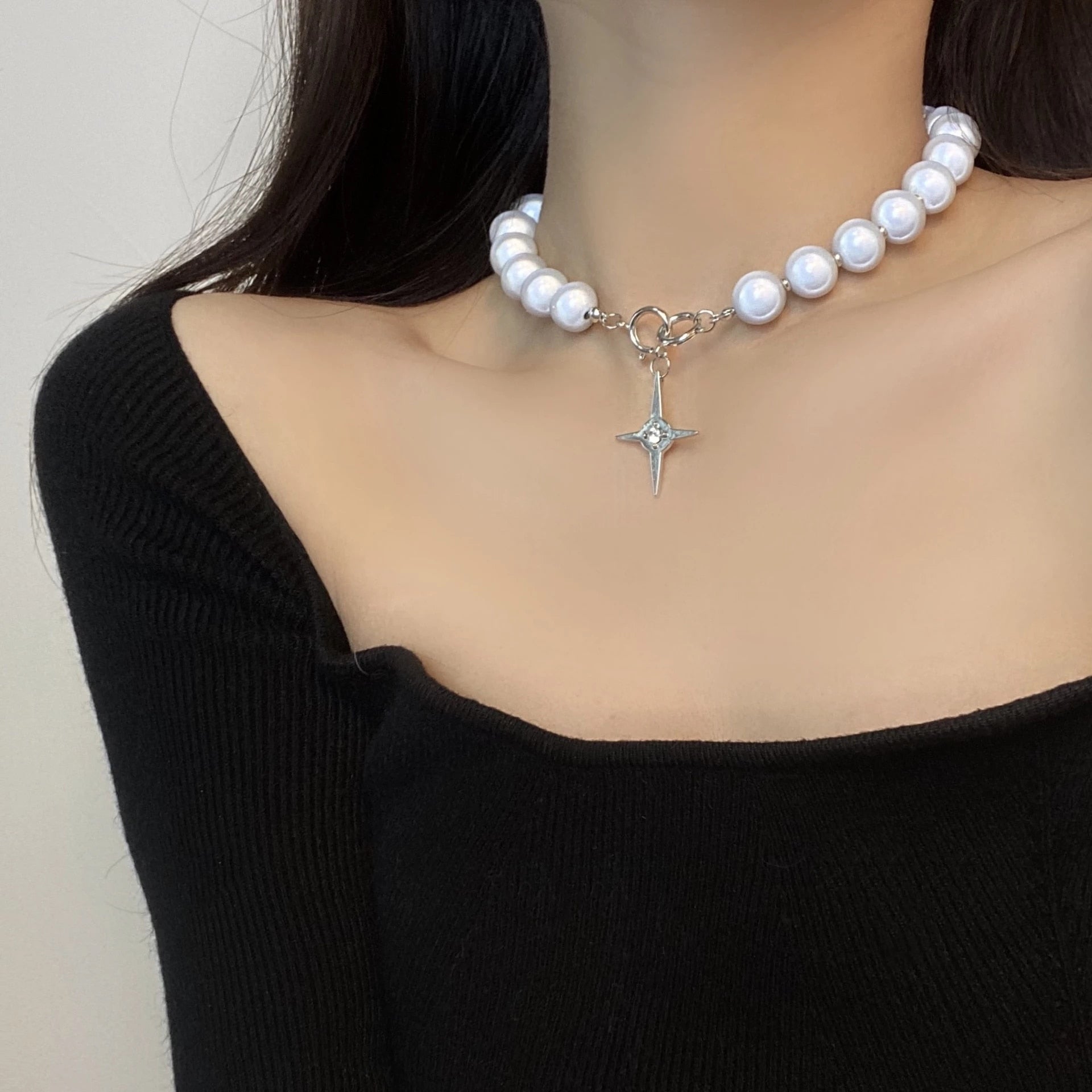 Emma Luminous Beads Pearl Cross Necklace