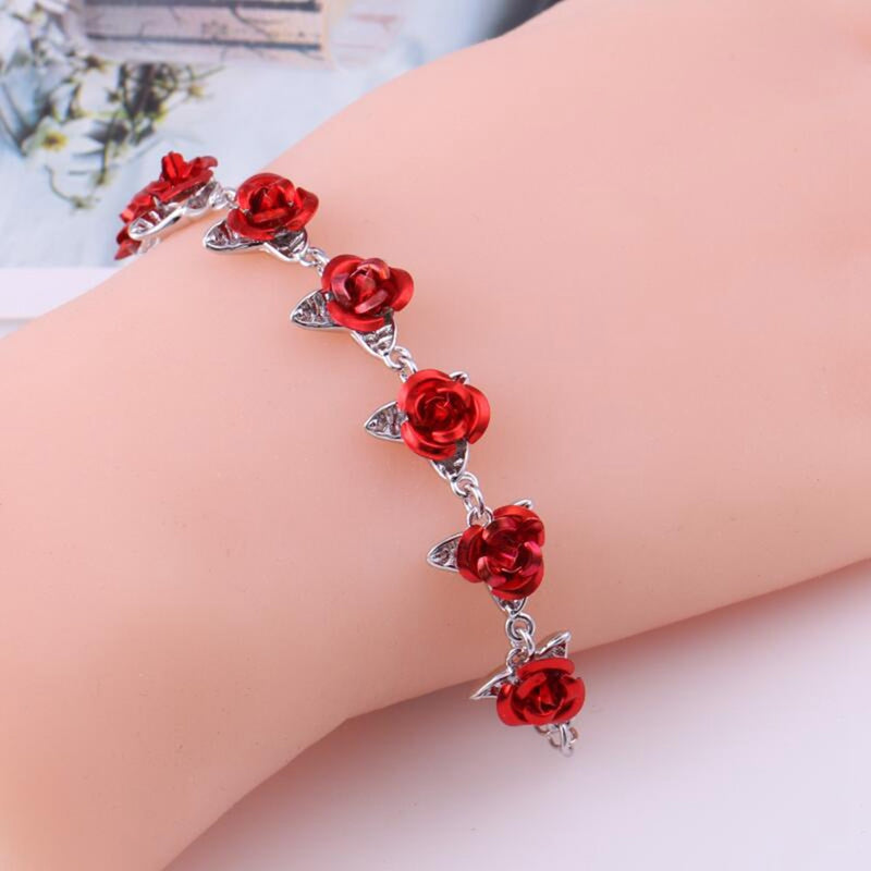 Romantic Red Enamel Rose Link Chain Bracelet