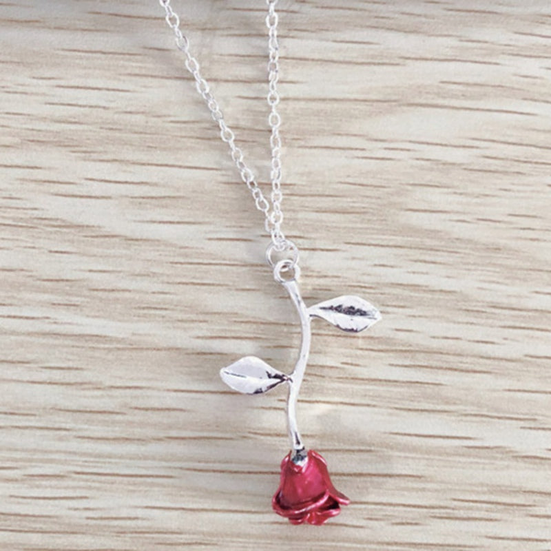 Romantic Red Enamel Rose Link Chain Bracelet
