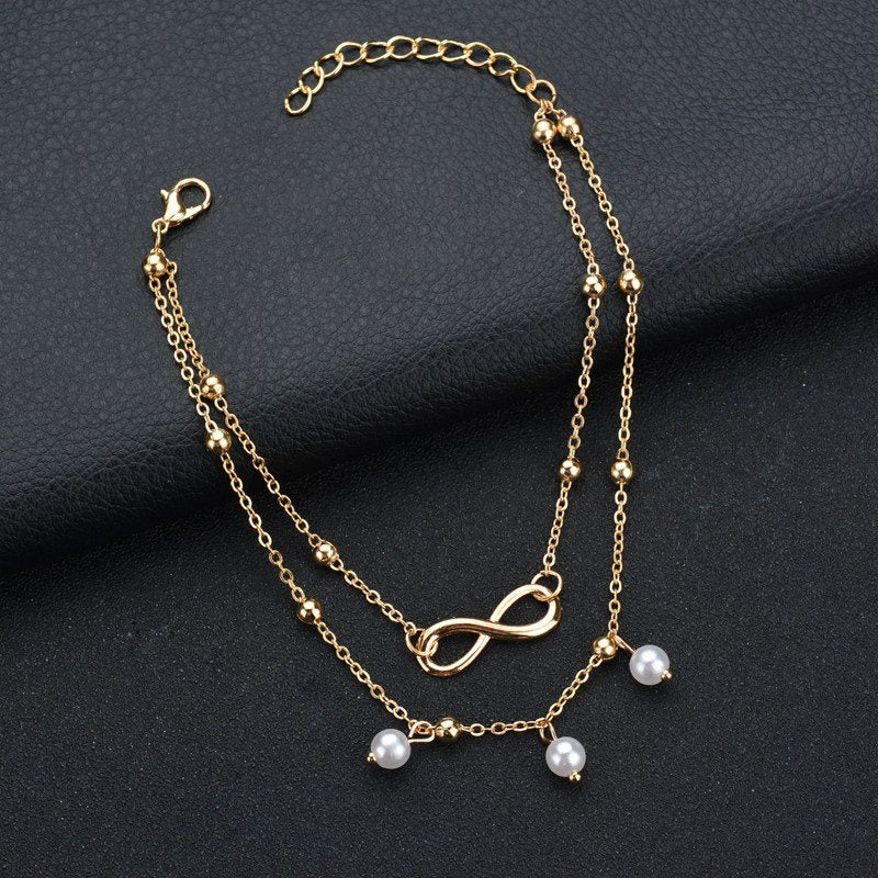 Bohemia Retro Pearl Heart Infinity Anklet Bracelet