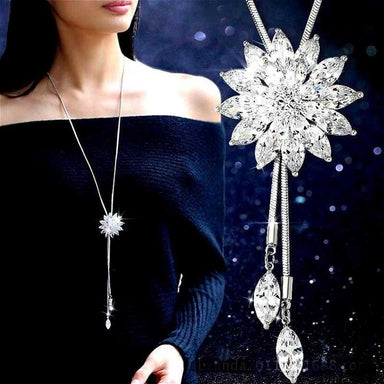 Free White Crystal Sunflower Long Necklace-Pendant Necklaces-Kirijewels.com-white-Kirijewels.com