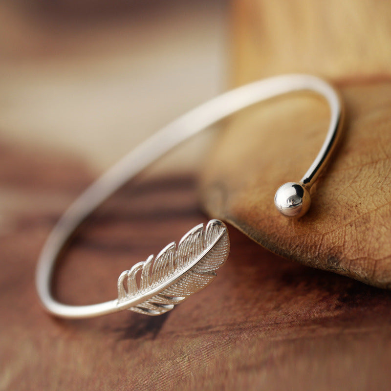 Personalized S925 Sterling Silver Feather Leaf Bracelet