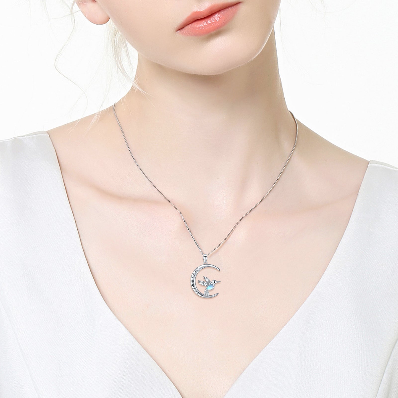 Crescent Moon Sterling Silver Hummingbird Necklace