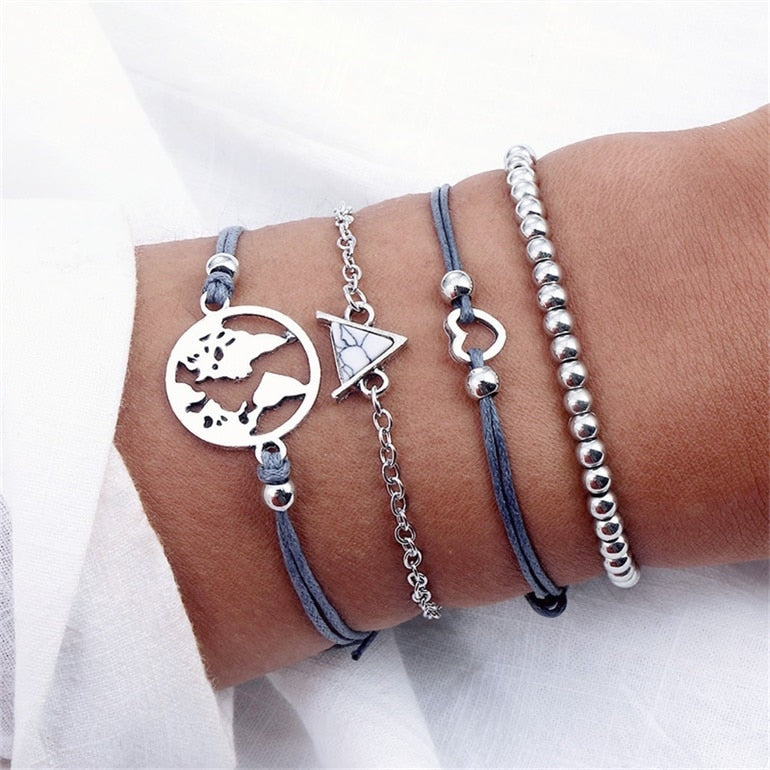 Bohemian Silver Tassel Round Bracelet Set