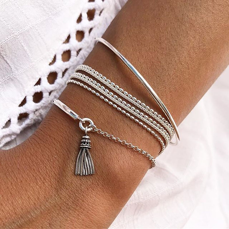 Bohemian Silver Tassel Round Bracelet Set