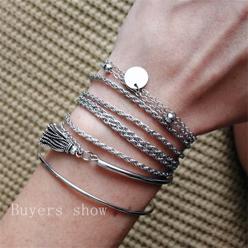 Bohemian Silver Tassel Round Bracelet Set