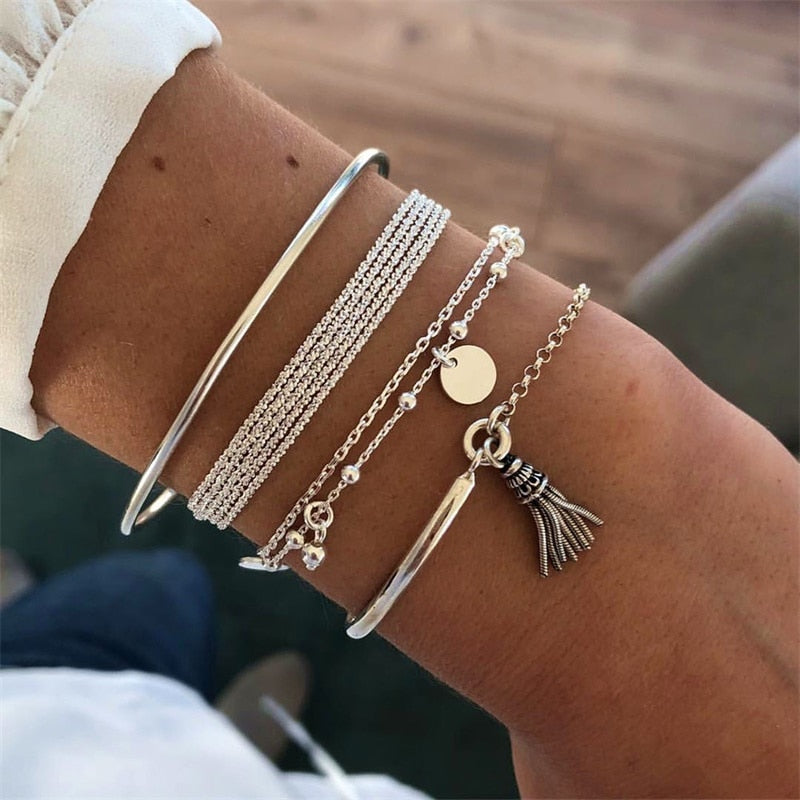 Bohemian Silver Tassel Round Bracelet Set