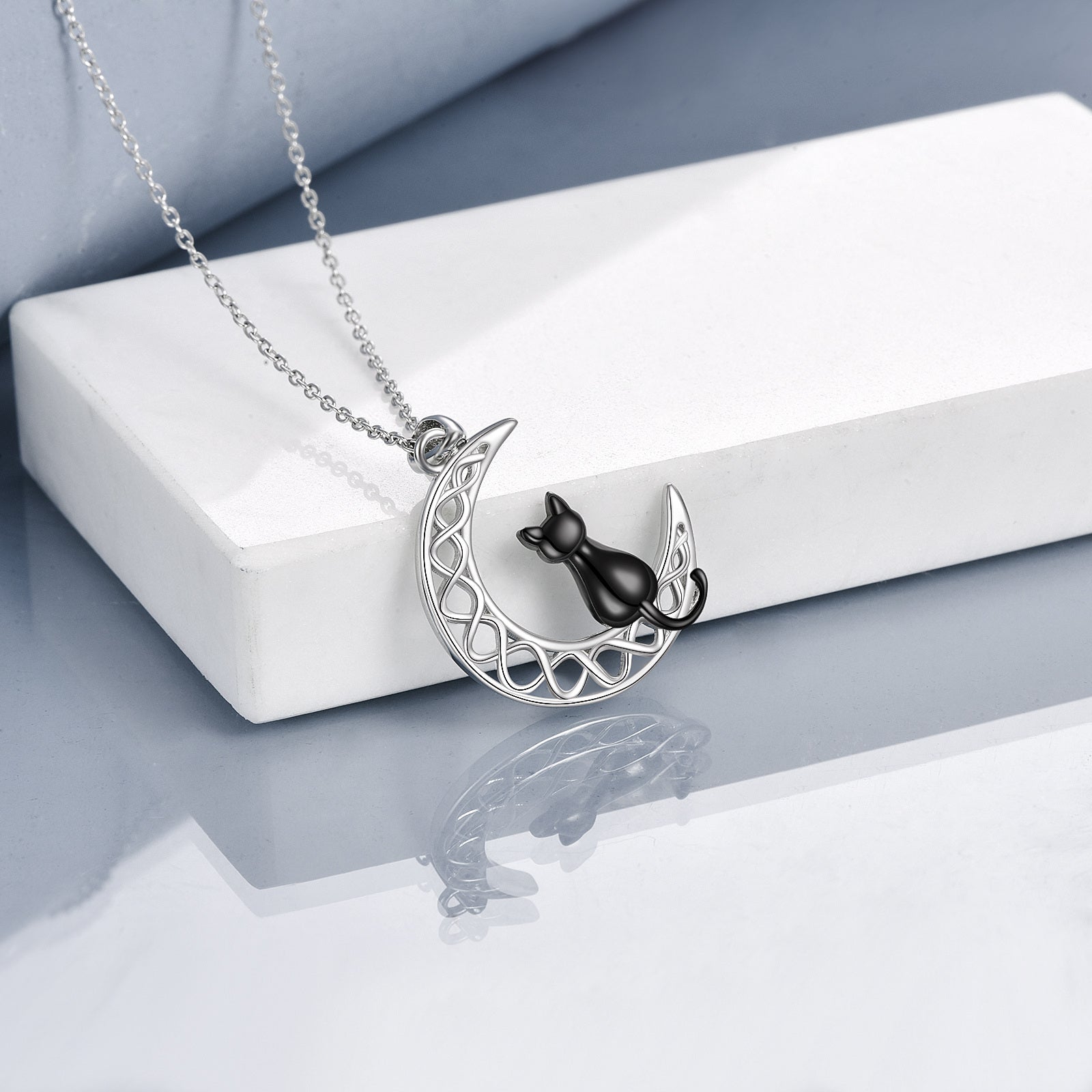 Celtic Sterling Silver Moon Cat Necklace