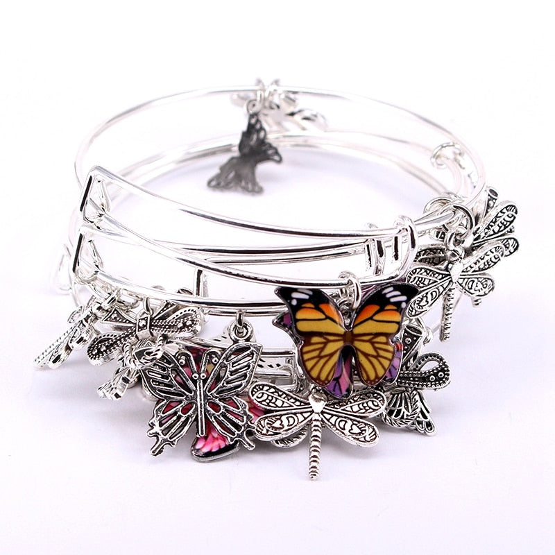 Butterfly Dragonfly Bow Charm Bangle Set