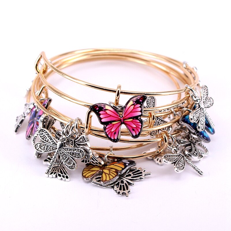 Butterfly Dragonfly Bow Charm Bangle Set