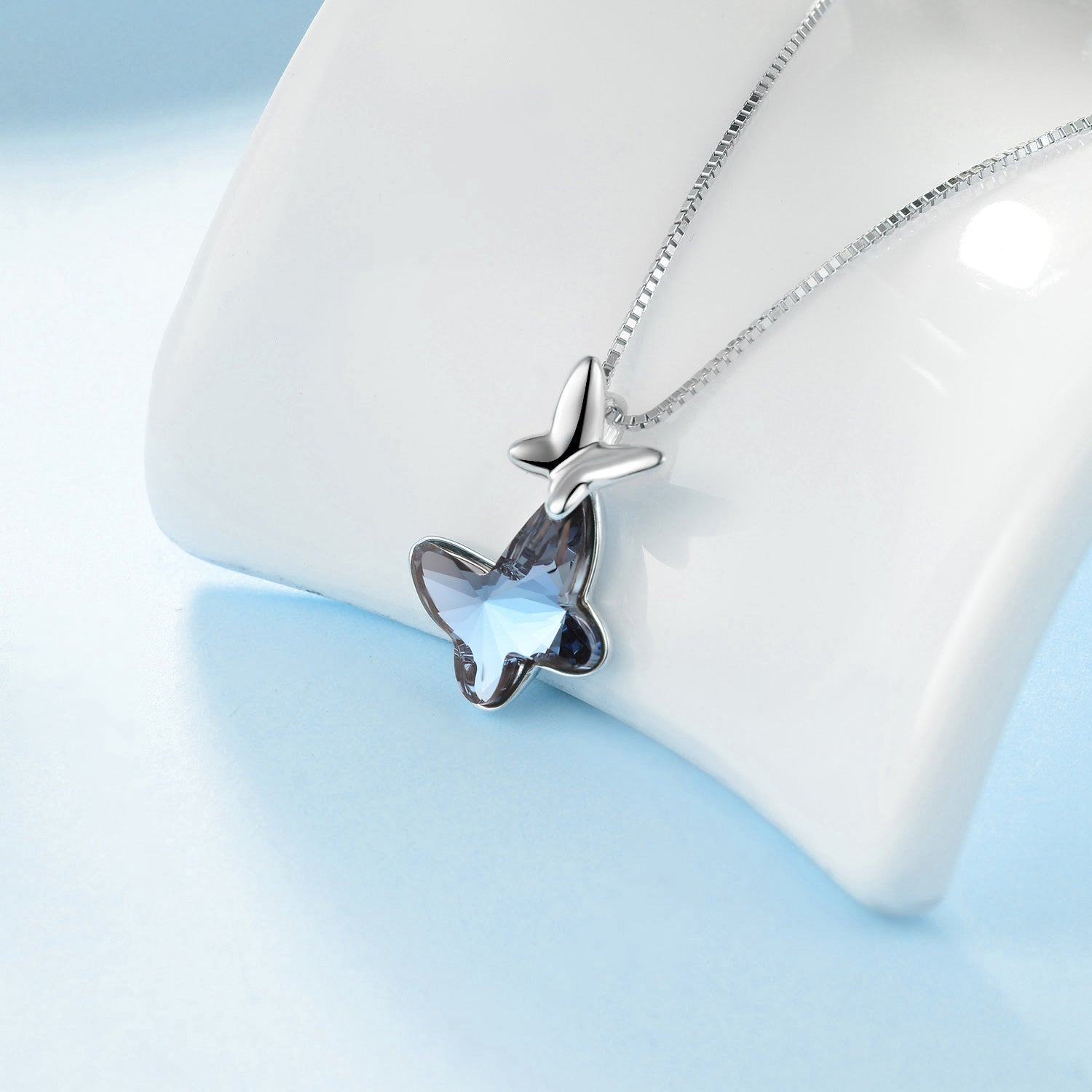 Austrian Crystal Sterling Silver Double Butterfly Necklace