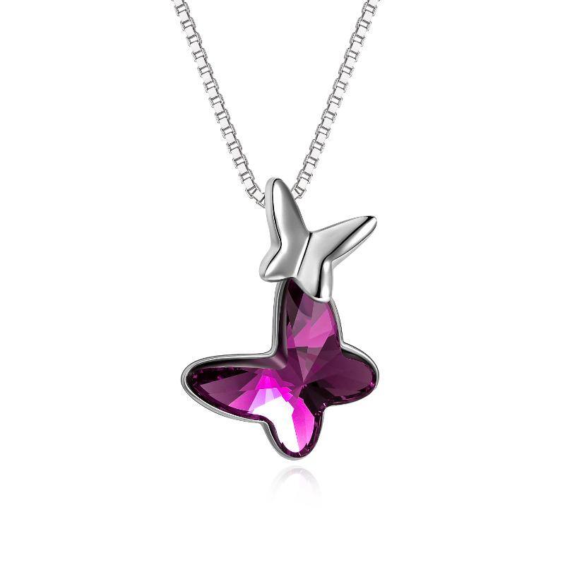 Austrian Crystal Sterling Silver Double Butterfly Necklace