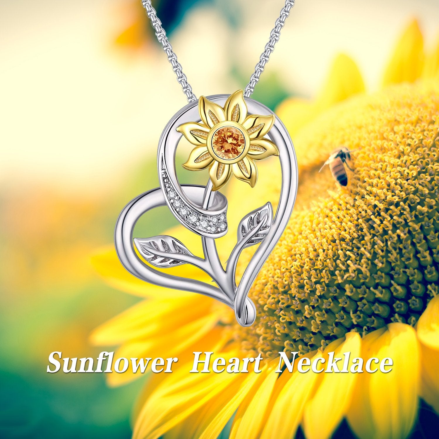 Zircon Heart Sterling Silver Sunflower Necklace
