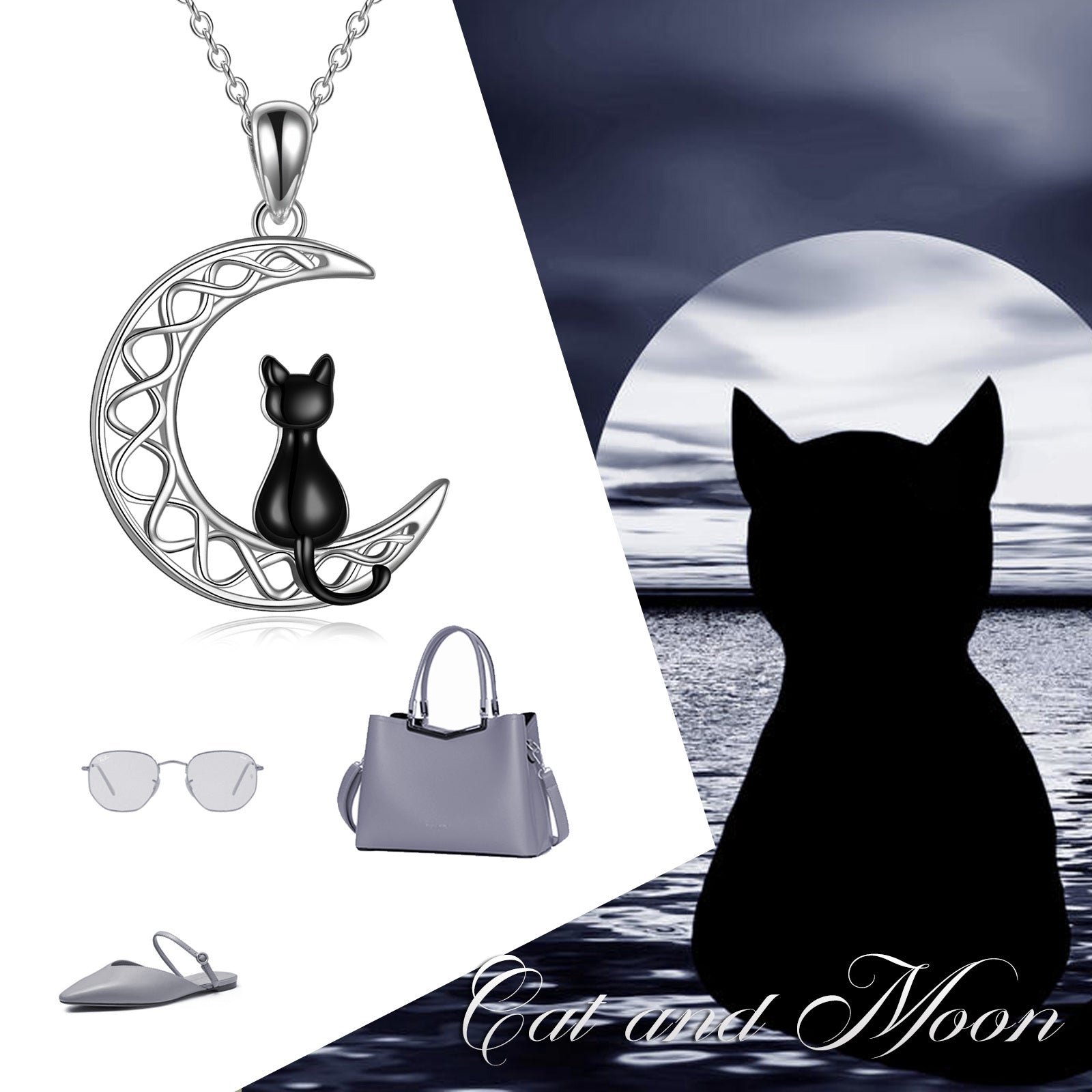 Celtic Sterling Silver Moon Cat Necklace