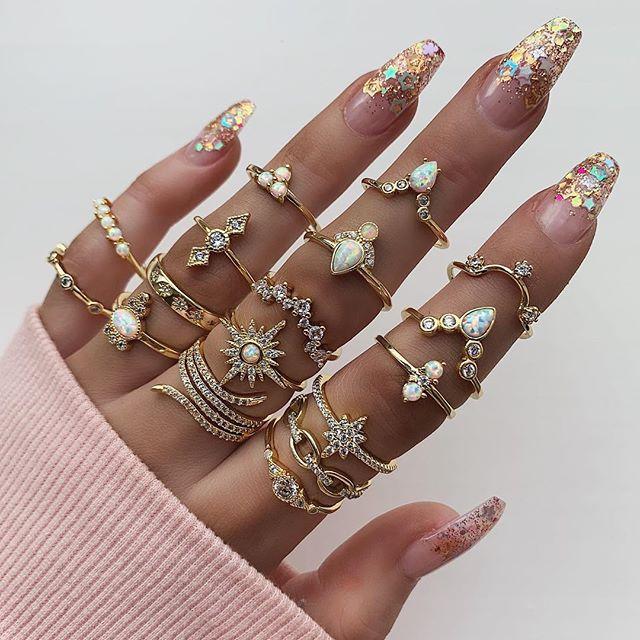 Vintage Gold Star Midi Moon Rings Set - Kirijewels.com
