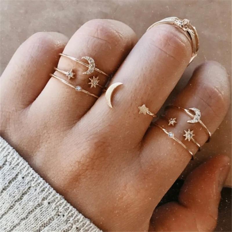 Vintage Gold Star Midi Moon Rings Set - Kirijewels.com