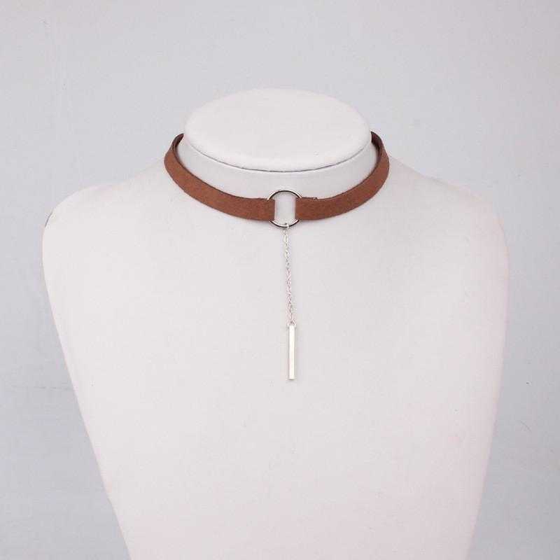 Round Pendant Collar Leather Choker Necklace-Choker Necklaces-Kirijewels.com-BROWN SILVER-Kirijewels.com