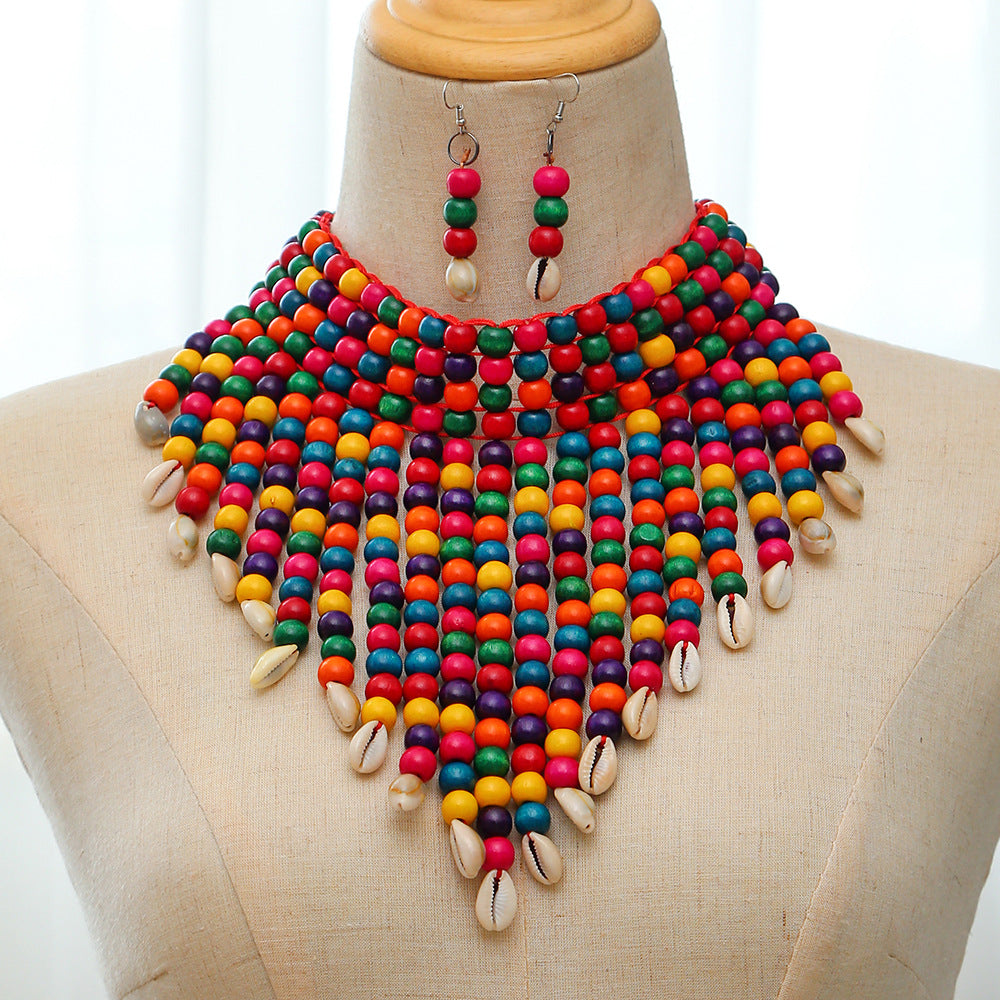 Multi Strand Colorful Bead Layered Statement Necklace Set