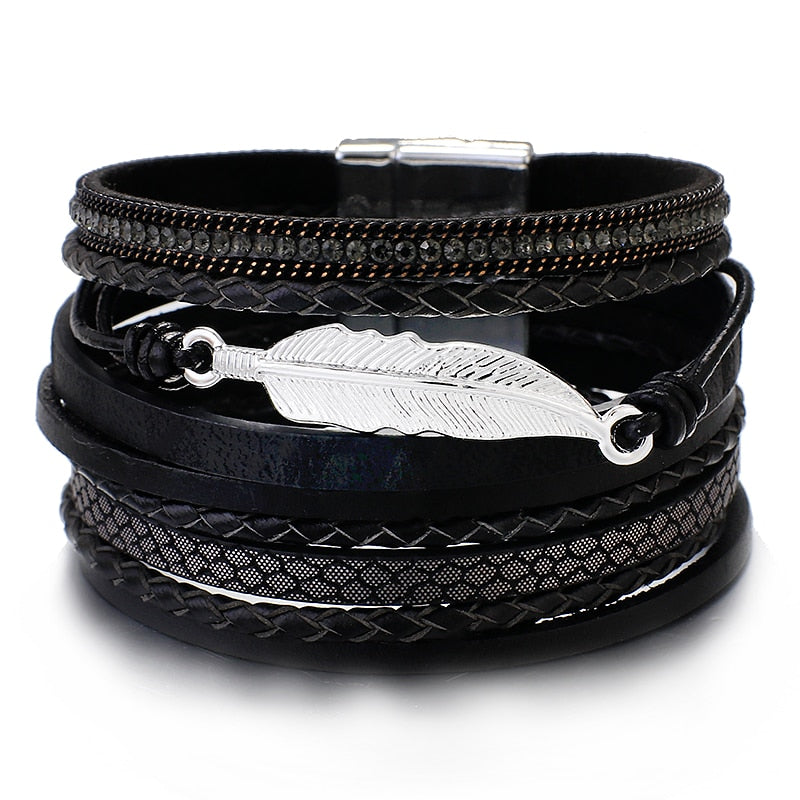 Mia Bohemian Genuine Leather Feather Bracelet