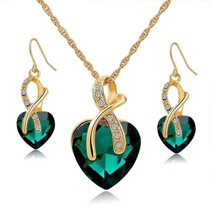 LongWay Austrian Crystal Heart Jewelry Set-Jewelry Set-Kirijewels.com-Gold Green-Kirijewels.com