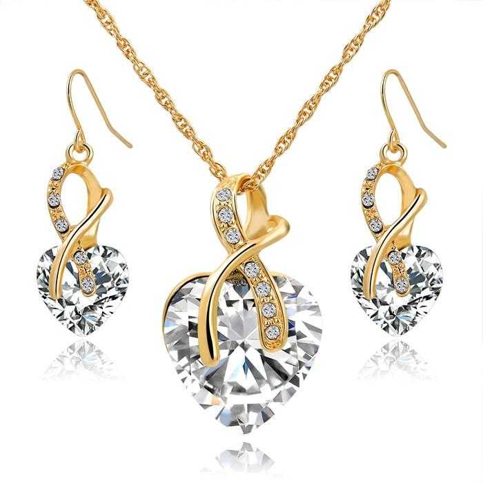 LongWay Austrian Crystal Heart Jewelry Set-Jewelry Set-Kirijewels.com-Gold White-Kirijewels.com